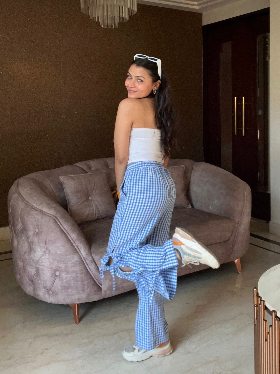 Gingham Knot Pants - Blue