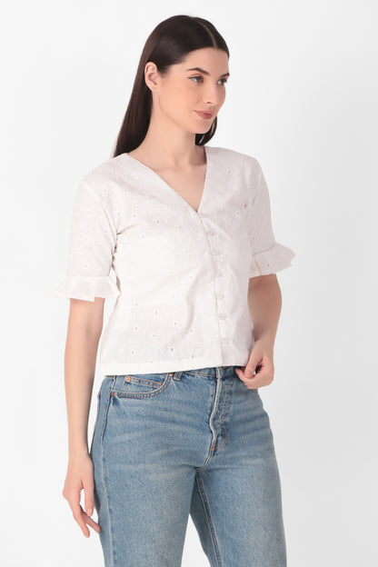 Hakoba White V-Neck Top