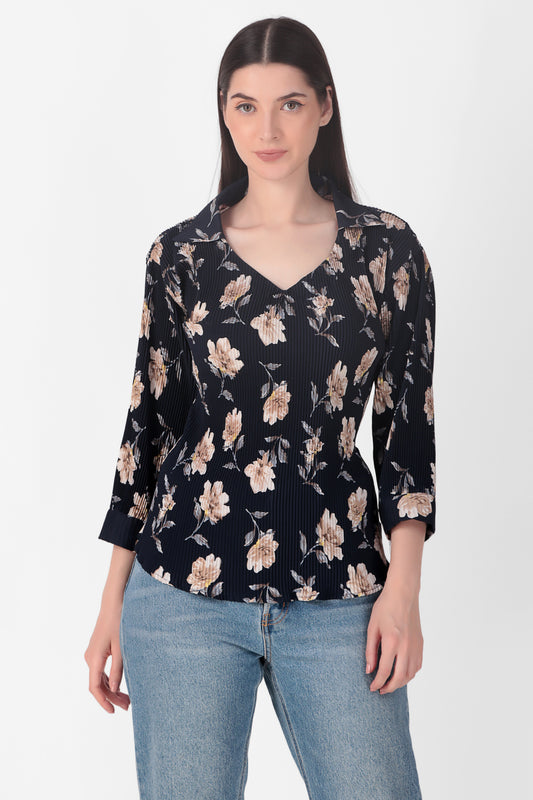 Floral Blue Crepe Crinkled Top