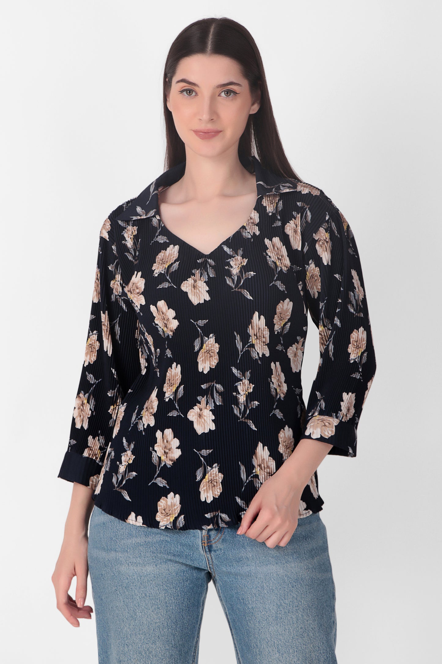 Floral Blue Crepe Crinkled Top