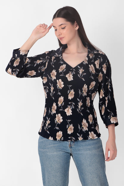 Floral Blue Crepe Crinkled Top