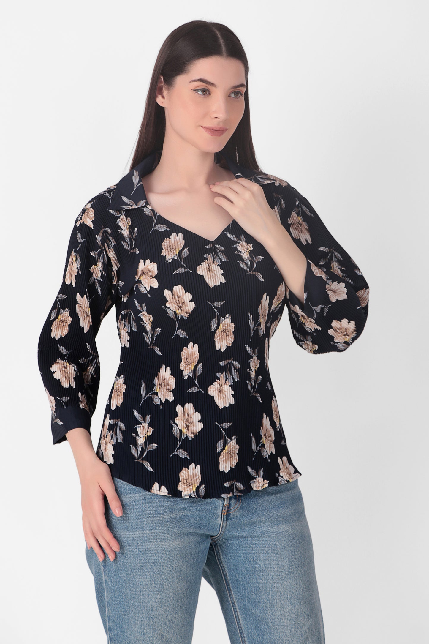 Floral Blue Crepe Crinkled Top