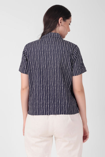 Chest Button Top - Indigo/Brown