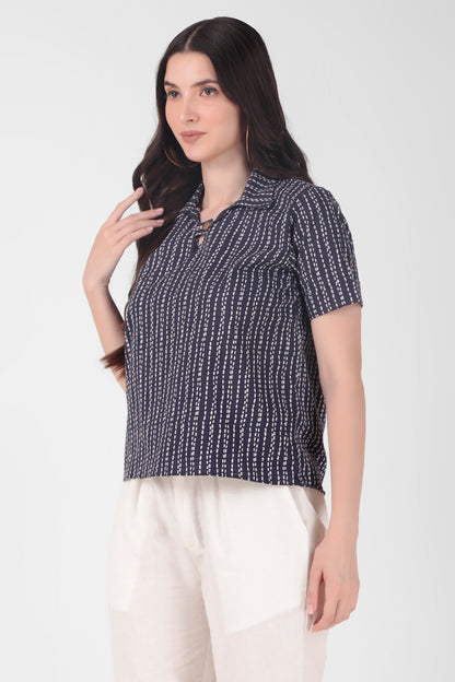 Chest Button Top - Indigo/Brown