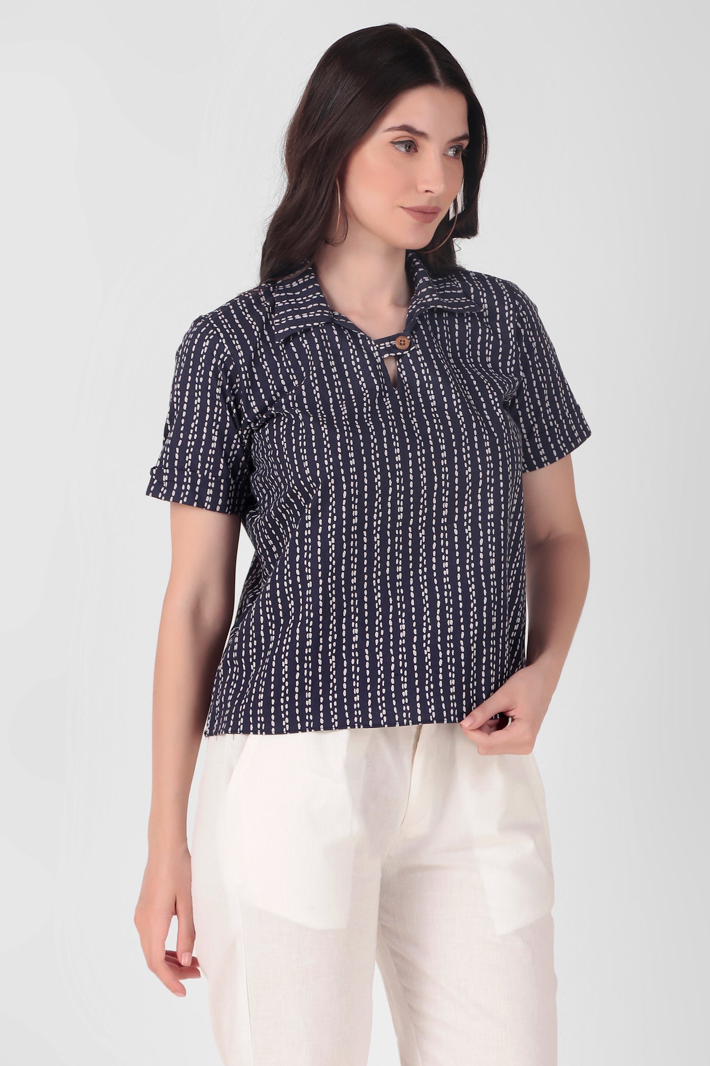 Chest Button Top - Indigo/Brown