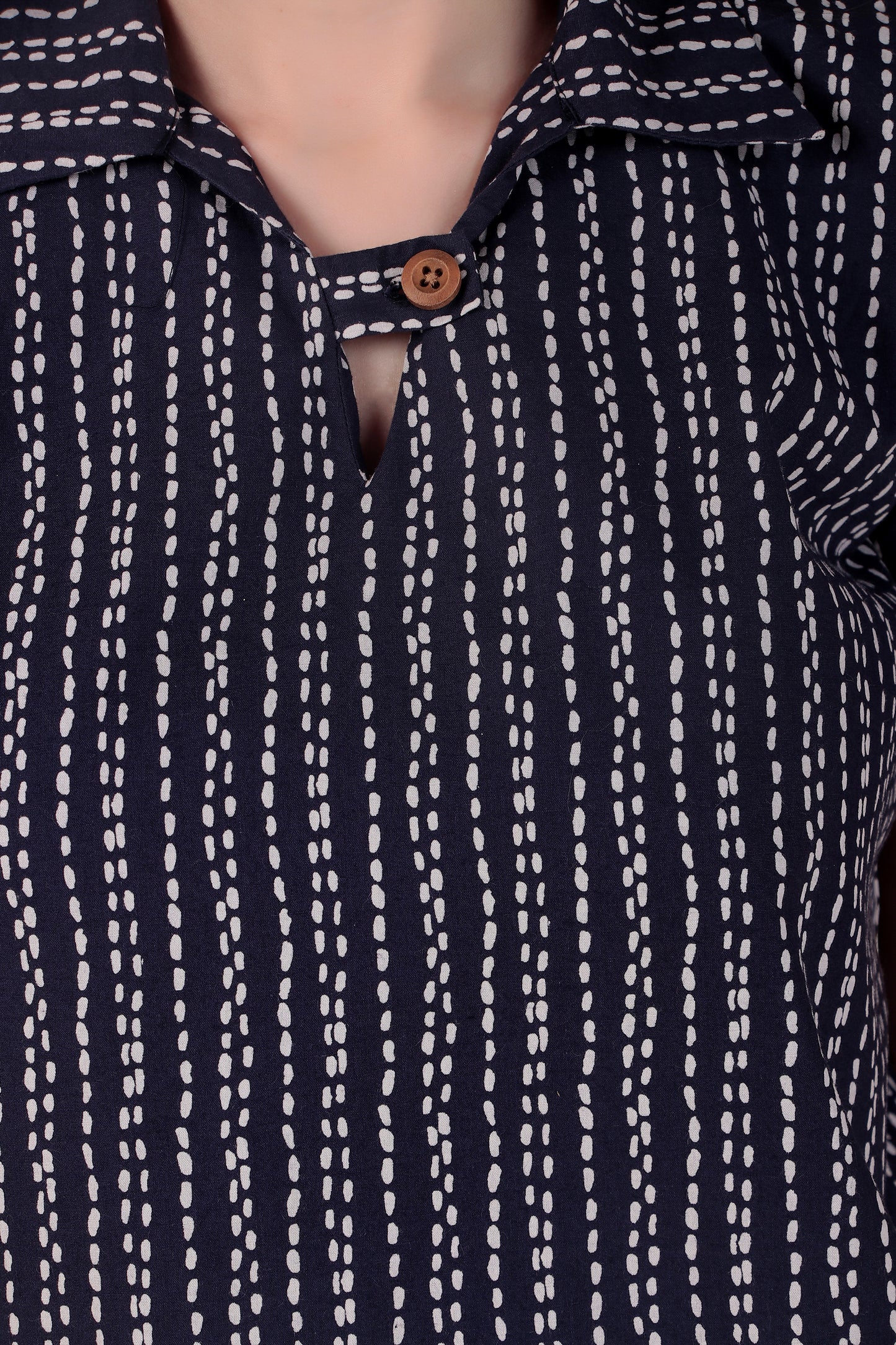 Chest Button Top - Indigo/Brown