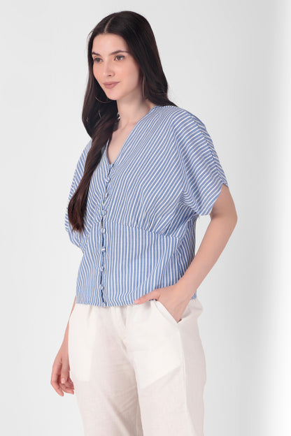 Blue Striped Extended Shoulder Top