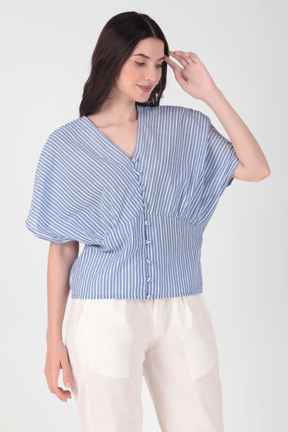 Blue Striped Extended Shoulder Top