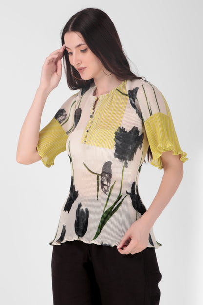 Crinkled Lime Green Bell Sleeves Top