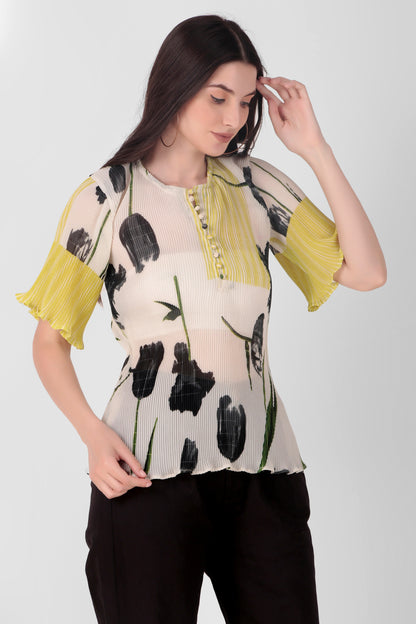 Crinkled Lime Green Bell Sleeves Top