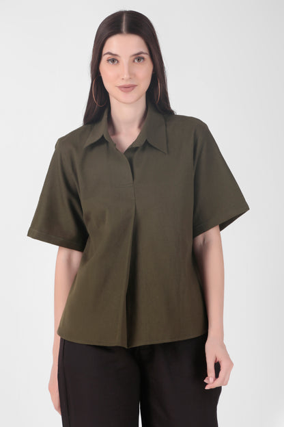 Box Pleat Top - Red/Olive