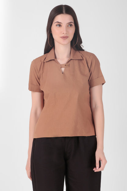 Chest Button Top - Indigo/Brown