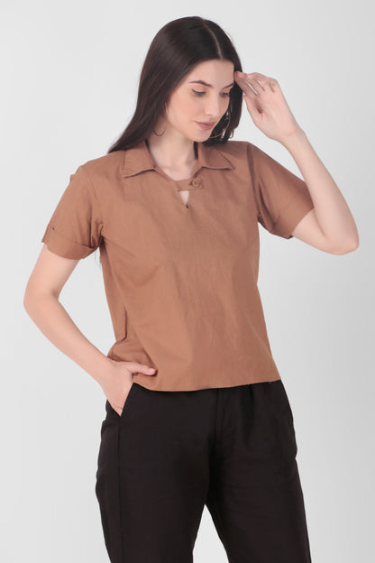 Chest Button Top - Indigo/Brown