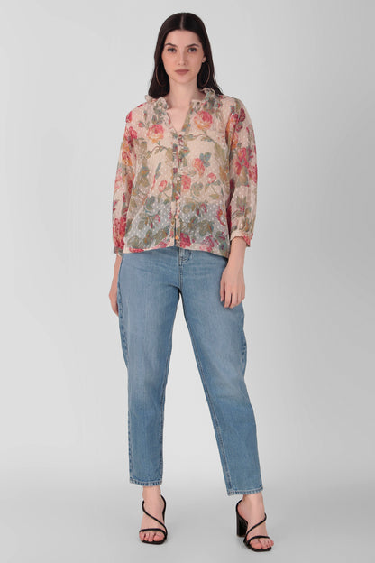 Floral Print Button Closure Georgette Top