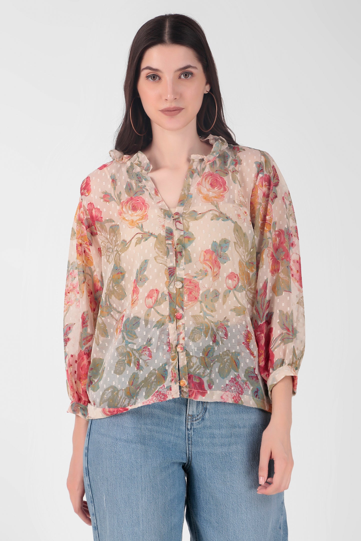 Floral Print Button Closure Georgette Top