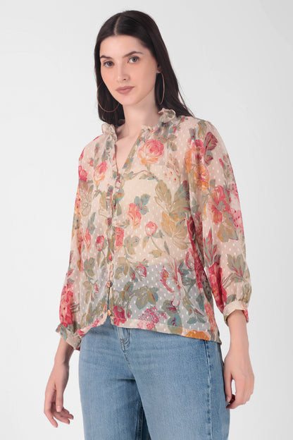 Floral Print Button Closure Georgette Top