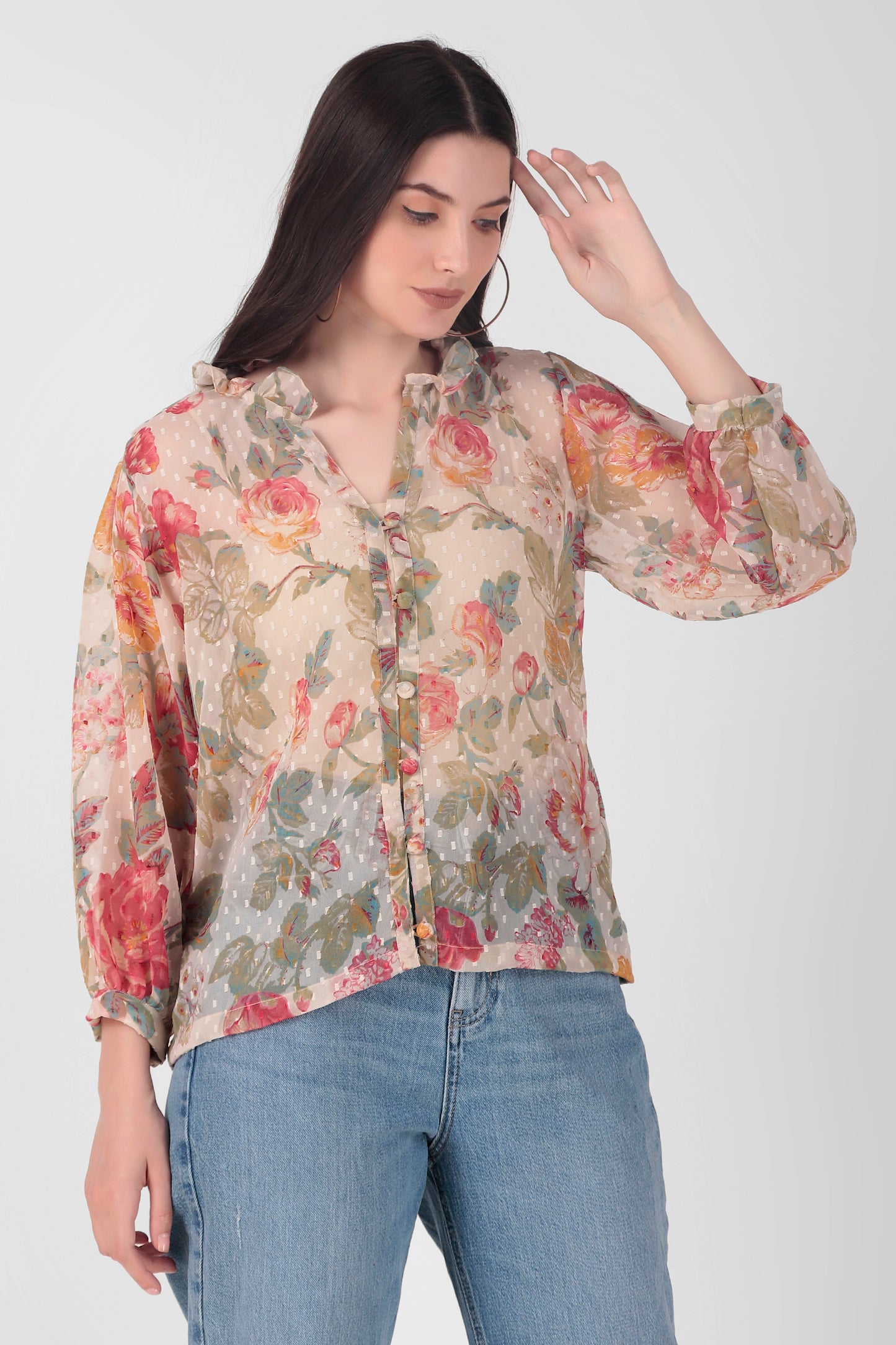 Floral Print Button Closure Georgette Top