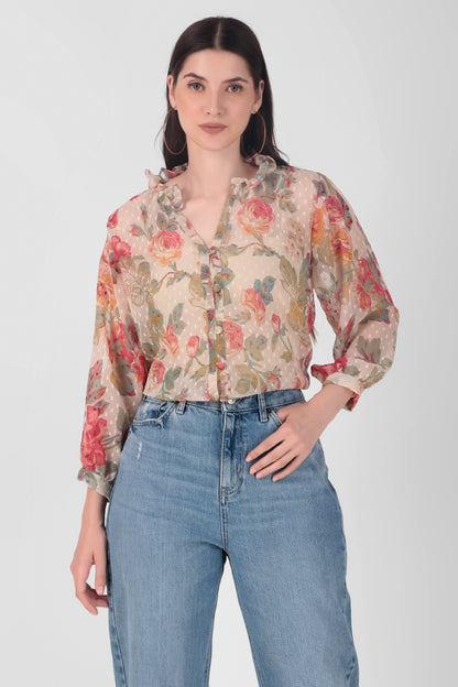 Floral Print Button Closure Georgette Top